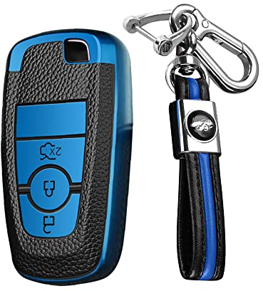 KUNIO Coque de clé de Voiture Compatible avec Ford Mondeo Mustang Explorer EcoSport S-Max Ranger Fiesta F150 F250 TPU Cuir Texture Porte-clés 3 Boutons Bleu