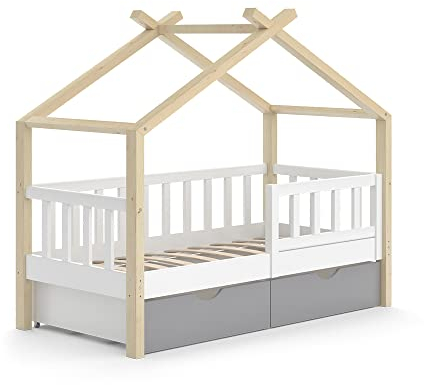 VitaliSpa Hausbett Design, Weiß/Naturholz/Naturholz, 70x140 cm mit Schubladen