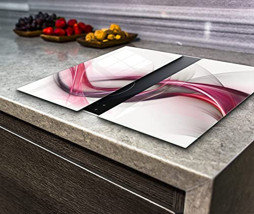 Hob Cover Chopping Board, Toughened Glass, Abstract Pink Waves on The White Background, Set of 2 , Va Art Glass (2X Wide 30 x Height 52/cm)