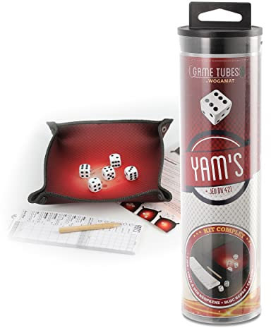 WOGAMAT Game Tubes Yam's 421 – Set mit Würfelbahn aus Neopren + 5 Würfel + Block mit Punkteblättern und Bleistift – tragbare Tube