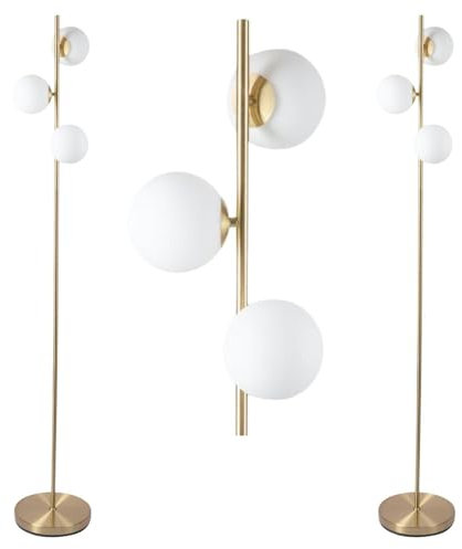 firstchoicelighting Pair Modern Satin Brass Stem Floor Lamps with Opal Globe Glass Shades