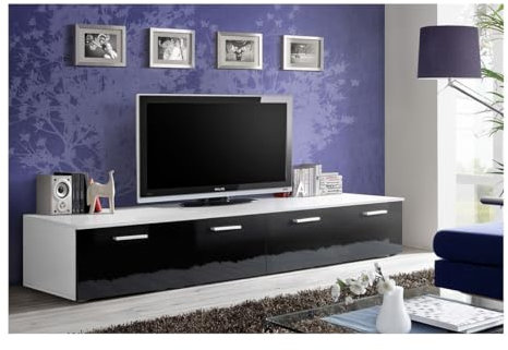 Meublorama Mobile TV 200cm Collezione Comet. Colore Bianco e Nero. 2 Ante a ribalta.