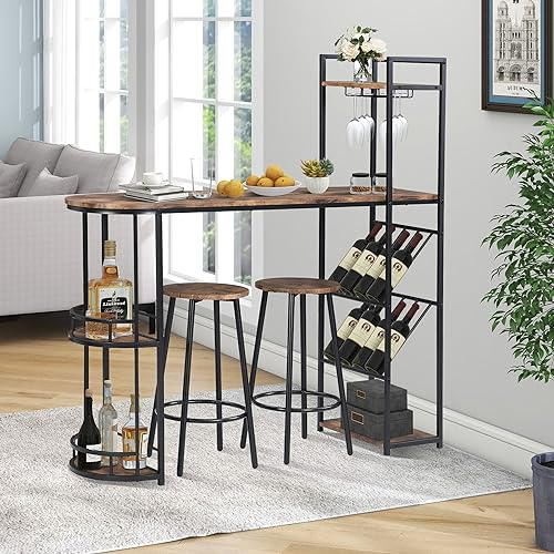 ModernLuxe Breakfast Bar Table and Stools Set, 3-Piece Set, Dining Table and Chairs Set for Kitchen, Living Room, Dining Room, Sturdy Metal Frame, Industrial, Rustic Brown
