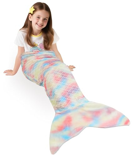 Catalonia Classy Mermaid Tail Blanket, Soft Warm Plush Fleece Sleeping Bag Snuggle Blanket for Teens, Fish Scale Pattern, Fantasy Mermaid, Candy Rainbow Mermaid, 155 x 50 cm