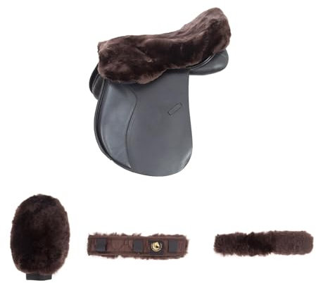 Merauno® Lammwolle Reitgeschenke Set of 4-1x Lammwolle Sattelsitzbezug, 1x Genickschoner aus Lammfell (32×5cm and 28×5cm), 1x Lammwolle Putzhandschuh aus Merino Lammwolle Farbe: Natur (Braun)