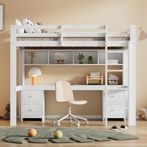 Moimhear Cama alta, 90 x 200 cm, cunas, cama superior, mesa inferior, gran espacio de almacenamiento, barandilla alta, escalera estable (blanco)