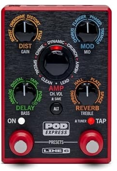 Line 6 POD Express, pedal procesador de amplificadores y efectos para guitarra con 7 modelos de amplificadores, 16 modelos de efectos, 21 presets y controles simples, ligero, compacto y portátil