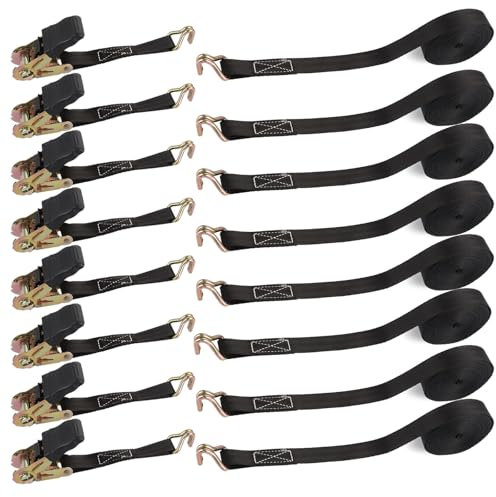 YAYODS Lot de 8 sangles à cliquet (6 m x 25 mm), sangles à cliquet robustes avec double crochets en J, résistance à la rupture de 800 kg, sangles d'arrimage pour galerie de toit, cargaison, moto,