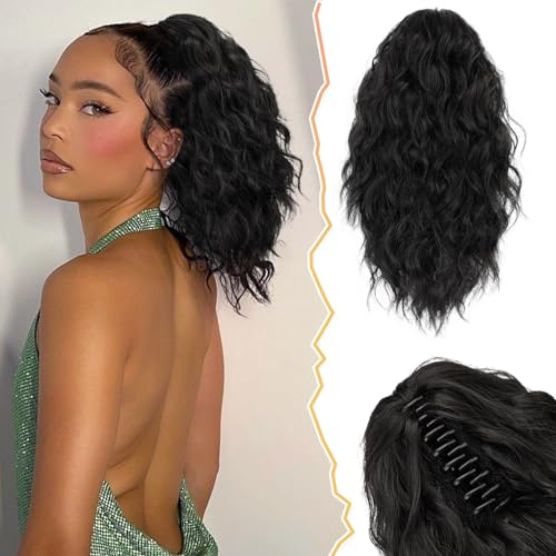 BARSDAR Kurzes Pferdeschwanz Verlängerung 30CM Klauen Clip Pferdeschwanz Haarverlängerung Multi Layered Wellige Schwarz Haare Synthetik Pferdeschwanz Haarteil für Damen (Natürliches Schwarz)