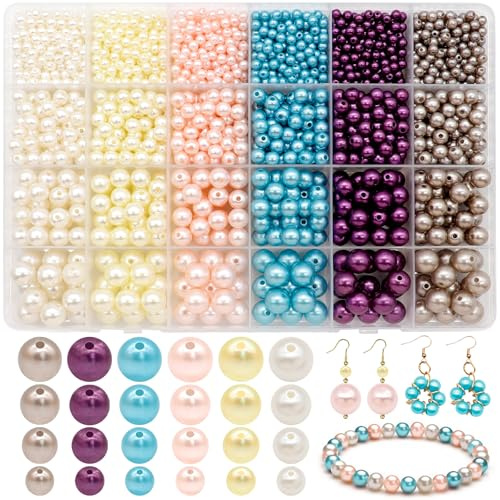 Dotilili 1890 Stück Bunte Perlen zum Auffädeln, 4/6/8/10mm Glasperlen Runde Perlen Set mit Löch für Armbänder Glatte lose Perlen für DIY Schmuckherstellung Basteln Perlenkette Armband Handwerk Dekor