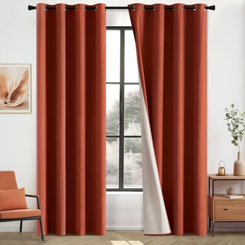 MIULEE Cortinas Blackout Cortina salón Cortinas Opacas Aspecto Lino con Ojales Cortina térmica protección frío Ventana Dormitorio Moderno balcón Puerta Cocina Rojo ladrillo 140 x 260 cm