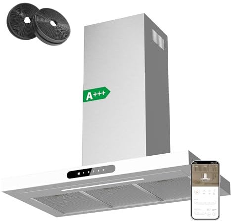 CIARRA CBCW9102 Cooker Hood 90cm Wi-Fi App Touch Control with CBCF003 Carbon Filters Chimney Vent Hood 900mm with Dimmable LED Lights Ducting&Recirculating Kitchen Extractor Fan-White