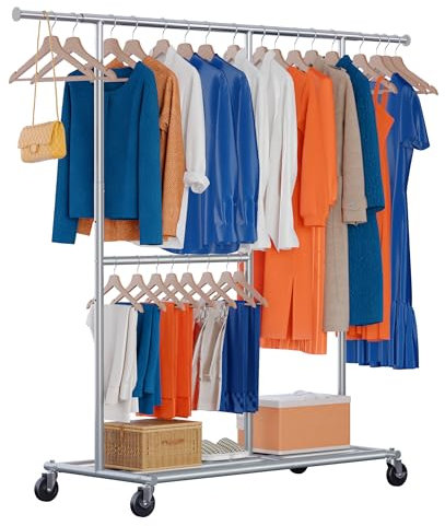 HOKEEPER Portant à vêtements pour suspendre les vêtements – Portant à vêtements robuste avec roulettes – Portant autoportant avec étagères pour chambre à coucher, salon, buanderie, balcon, blanc