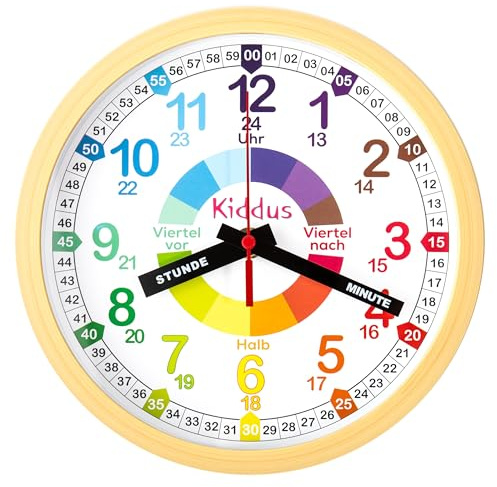 Kiddus Wanduhr Kinder & Lernuhr, 20cm Uhr für Kinderzimmer, Jungen & Mädchen, Lautlos ohne Ticken, Markierte Zeiger (Stunde & Minute), Pädagogisches Design - 04 Holz DE 20cm