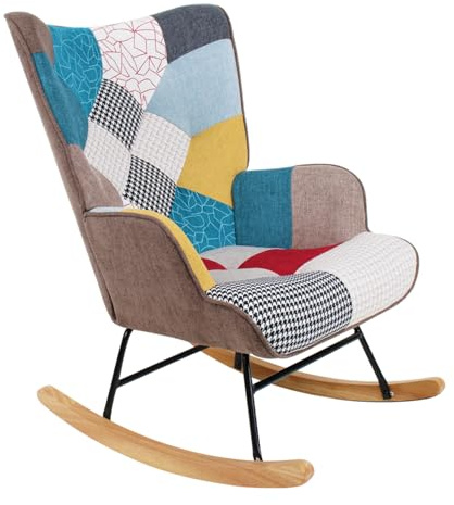 Brigros WeHome - Sedia A Dondolo Imbottita Con Braccioli, Poltrona Relax Da Interno A Dondolo, Poltroncina In Legno E Metallo Con Rivestimento Multicolore 96x66x90 Cm (Patchwork, Patchwork)