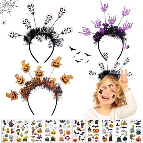 Accessoires de Bandeau D'halloween, 3 PCS Serre Tête Halloween et 10 Pezzi Autocollants de Citrouille D'Halloween, Citrouille Halloween Bandeau, Crâne, Forme de Main de Squelette pour Soirées à Thème