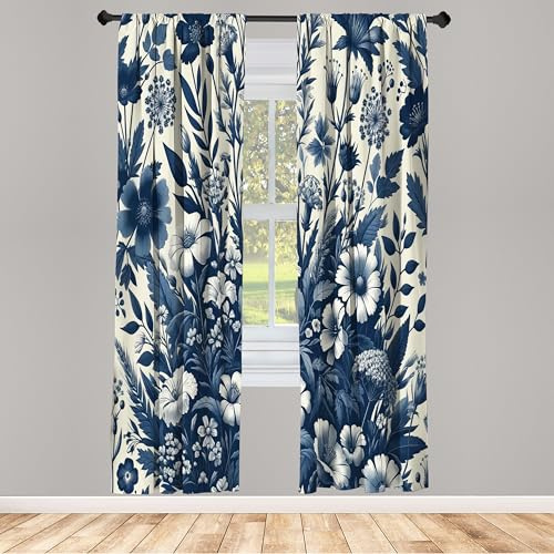 ABAKUHAUS Vorhänge 2er-Pack, Vintage Stil Cottagecore Frühlingsnacht Florale Anordnung Wildblumen, Vorhang für Wohnzimmer Schlafzimmer, 4 Stück 75 cm x 175 cm,Dunkler Schieferblau Kokosnuss