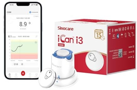 sinocare iCan CGM, Equipped with iCan CGM APP, Output Every 3 Minutes, 15-Day Wear-life Continuous Glucose Monitoring System, Less Finger Pricks, for UK Diabetes, Sensor × 1