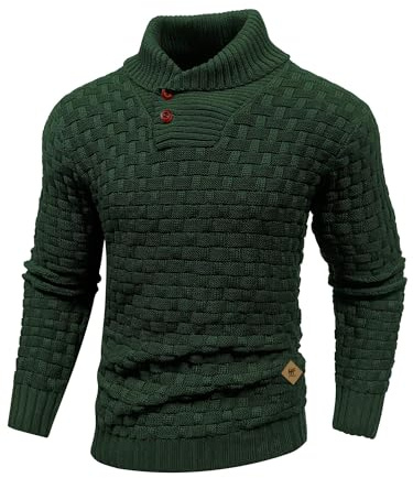 HYPESTFIT Mens Knitted Sweater Crew Neck Warm Long Sleeve Pullover Textured Ribbed Edge Top Dark Green M