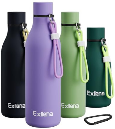 Exllena Metal Water Bottle 750ml with Clip and Silicone Strap, Double Wall Vacuum Insulated Water Bottles Keeps Drinks Cold 24 Hrs/Hot 12 Hrs, Stainless Steel Water Bottle BPA Free(Purple)