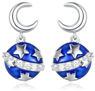 KINGWHYTE Blauer Planet Ohrringe 925 Sterling Silber Weltraum Planet Mond Stern Ohrstecker Galaxie Himmelsschmuck Geschenke für Frauen Mädchen