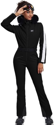 HOTIAN Damen Skianzug Einteiler Skioverall Winter Warme Damen Schneeanzug Wasserdicht Winddicht skibekleidung Schneeoverall Jumpsuit Mit Kapuze Black L