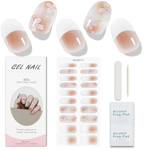 JMEOWIO Gel Nail Stickers - Semi Cured, Pink White Flower Cherry Blossom Designs, UV/LED Cured Nail Art Decoration