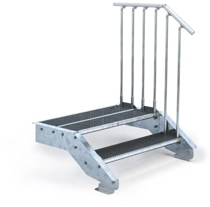 Außentreppe 2 Stufen mit Podeststufe - Höhe variabel von 33 cm bis 40 cm - feuerverzinkte Stahltreppe - Normbreite - montagefertiger Bausatz (1 x Geländer, Stufenbreite 100 cm)