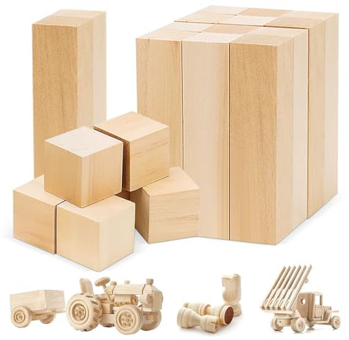 20 Stück Schnitzholz, Holzklötzchen zum Basteln, Klötzchen zum Schnitzen für Kinder, Anfänger & Erwachsene Diy Drechseln und Holz Schnitzen (14 Stück Holzklötzchen + 6 Stücke holzblock)