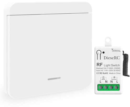 DieseRC Interrupteur de Lumière Sans Fil, Interrupteur émetteur RF pour Panneau Mural de type 86 et Contrôleur-récepteur à Relais de 10 A, pour des Lumières Jusqu'à 1500 W