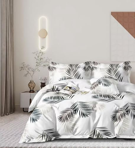 CDV Set di Biancheria da Letto 4 Pezzi con Stampa, Microfibra Set Copripiumino per Letto Matrimoniale con Zip, Lenzuolo con Angoli e 2 Federe, Set Copripiumini e Federe (Matrimoniale, Foglie Verde)