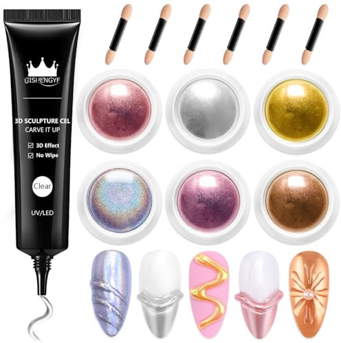 BISHENGYF Multifunctional 3d Nail Gel: No Wipe 15g 3d Gel For Nails And 6pcs Glassy Laser Pink Chrome Nail Powder,Metallic Gold Chrome Nail Powder,5d Molding Gel For Nails Decoration (Silver/Copper)