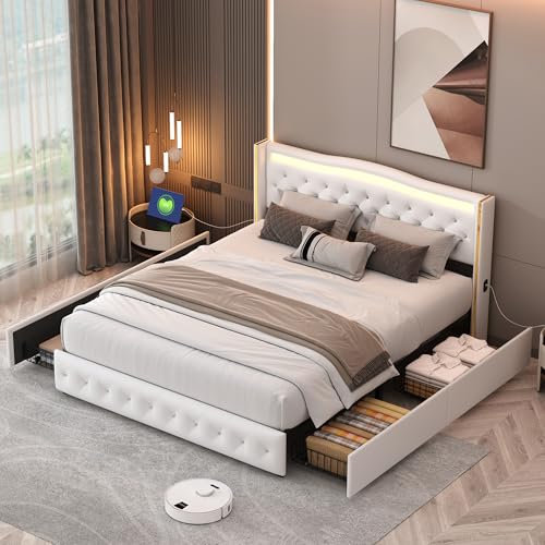ADFUNIT Polsterbett 160x200 cm mit LED-Kopfteil und USB-Port, Doppelbett mit 4 Stauraum Schubladen, Jugendbett Rückenlehne Bettgestell mit Lattenrost, Ohne Matratze, PU weiß