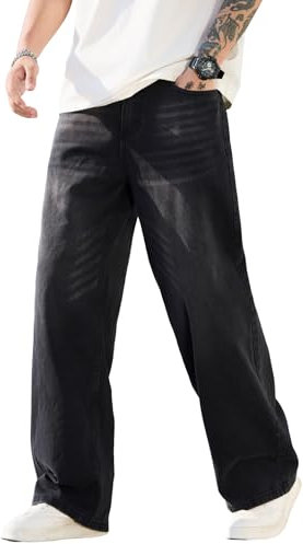 Zewool Jeans Baggy Hip hop pour Hommes,Streetwear Jeans Skater à Jambe Large,Pantalons en Denim à Coupe Loose Y2K Jambe Droite Coupe relaxée Skateboard extrême liberté de Mouvement,D10 Noir,S