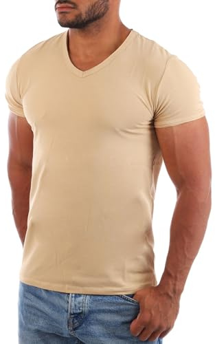 Carisma Herren Uni Basic T-Shirt mit tiefem V-Ausschnitt Vintage Destroyed Kragen Effekt einfarbig Dehnbare Passform, Grösse:XS, Farbe:Beige