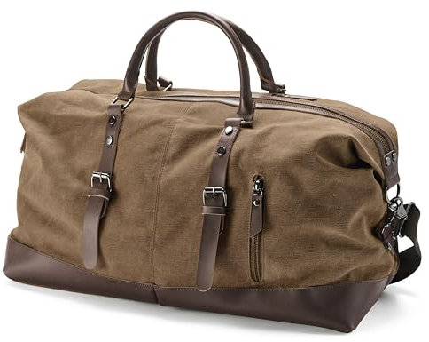 Trendhim Bolsa de lona y cuero marrón vintage para hombre, bolsa de viaje grande, bolsa de deporte de 60 l, perfecta para viajes y actividades de ocio, marrón