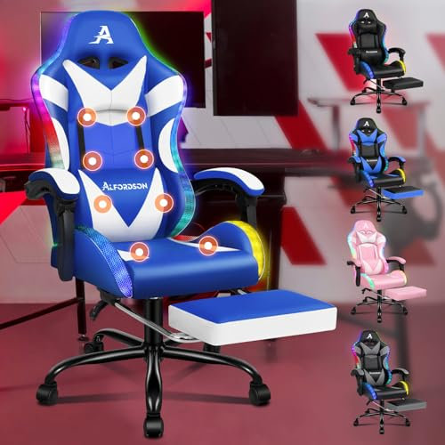 ALFORDSON Silla de masaje para videojuegos, silla de carreras con LED, silla de escritorio ergonómica con reclinación de 150°, reposapiés retráctil, capacidad de 180 kg, Cuero sintético, Azul y blanco