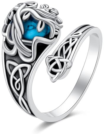 QHQPQ Celtic Rings for Women 925 Sterling Silver Turquoise Tree of Life Spoon Ring Celtic Knot Jewellery Gifts for Men