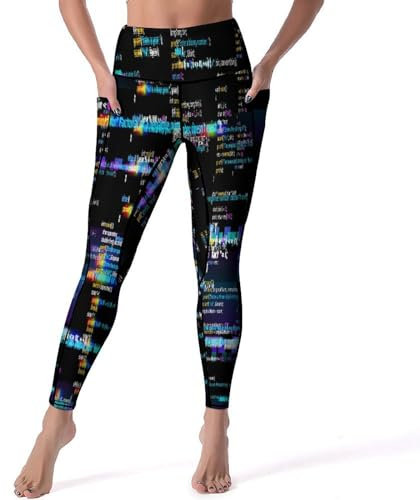 WAFICAC Bunte Yogahose mit Glitch-Computercode und Taschen, Bauchkontrolle, Workout, Laufen, Yoga-Leggings für Frauen