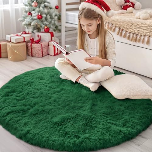Homaxy Hochflor Waschbar Groß Teppich Wohnzimmer 200 cm Rund, Dunkelgrün | Anti-Rutsch Unterseite Teppiche, Flauschig Teppich fürs Kinderzimmer, Schlafzimmer