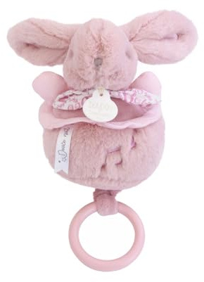 DOUDOU ET COMPAGNIE - DC4366 Musical Box Rabbit Soft Toy - Ultra-Soft Musical Baby Plush Toy with Wooden Ring – Baby Sleeping Lullaby Night Light – Newborn Gift Idea