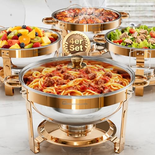 WARMOUNTS 5QT Gold Chafing Dish Buffet Set with Glass Lid, 4 Pack Round Half-Plated Gold & Food-Grade Stainless Steel Food Warmer Buffet Set with Lid Holder,for Wedding