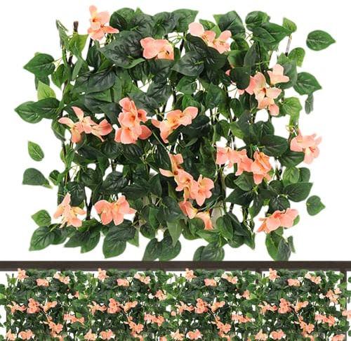 Dehnbare künstliche Hecke mit, 40 cm, erweiterbarer künstlicher Trompeten-Blumenzaun, Holz-Kunstblätter, Sichtschutzzaun, künstliche Lvy Sichtschutzhecke, Dekoration für Hof, Garten