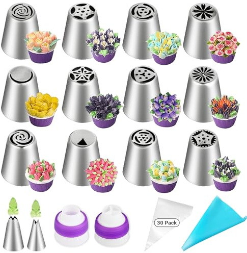 47 Pezzi Set di Beccucci Sac a Poche Professionali - Beccucci Kit in Acciaio Inox con Riutilizzabile Sacca a Poche - Decorare Torte Kit per Dolci, Cupcake e Biscotti