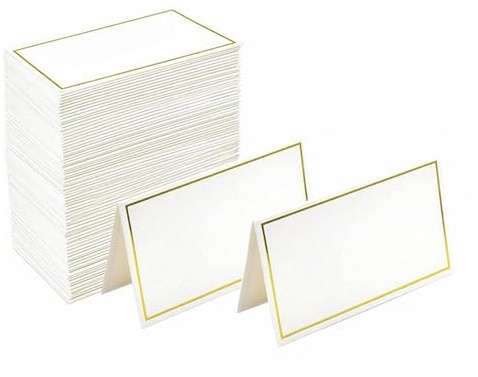 100 Pcs Table Place Cards, White Tent Cards with Gold Foil Border, Blank Wedding Name Cards for Table Setting, Weddings, Parties, Banquets & Events