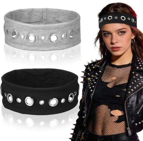 DIKACA 2 Stück Elastische Punk Stirnbänder Hohlösen Haarband für Damen | Gestrickte Stoffband Modeaccessoire Musikfestivals Rock Vintage Casual Styles für Yoga Laufen Arbeit Halloween (Schwarz Grau)