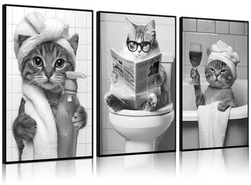 Komergave 3 Stück Katze Bilder Badezimmer Deko, Schwarz-weiß Bad Poster A4 Wandbilder, Wandtattoo Bad, Wandkunst Wanddeko Bilder für Badezimmer, Gäste WC Deko, Schlafzimmer Toilette, 30×40cm