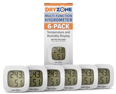 Dryzone Hygrometer (White, 6-Pack) Mini Magnetic Digital Thermometer & Hygrometer - Room Temperature & Humidity Monitor with Emoticon Display. Compact Indoor Sensor for Condensation & Mould Prevention