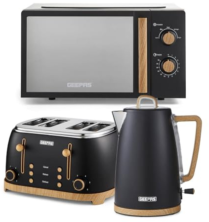 GEEPAS NordiQ 1.7L Electric Kettle, 4 Slice Toaster & 20L Microwave Oven 700W Kitchen Combo Set | Matte Finish with Wood Accents | 1500W Bread Toaster & 3000W Rapid Boil Cordless Jug Kettle | Black