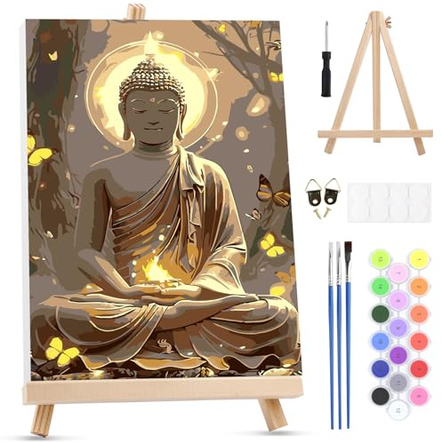 MXJSUA Peinture Numero Enfant Adulte avec Cadre, Bouddha Numéro d'art avec Pinceaux, Loisirs Créatifs Adultes, Activité Manuelle Adulte, 20x30cm